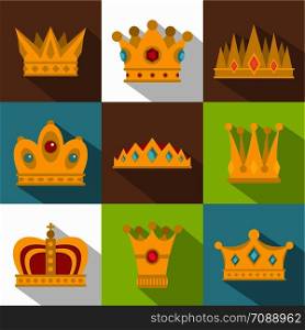 King crown icon set. Flat style set of 9 king crown vector icons for web design. King crown icon set, flat style