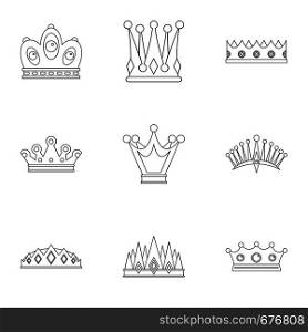 King crown icon set. Outline set of 9 king crown vector icons for web isolated on white background. King crown icon set, outline style