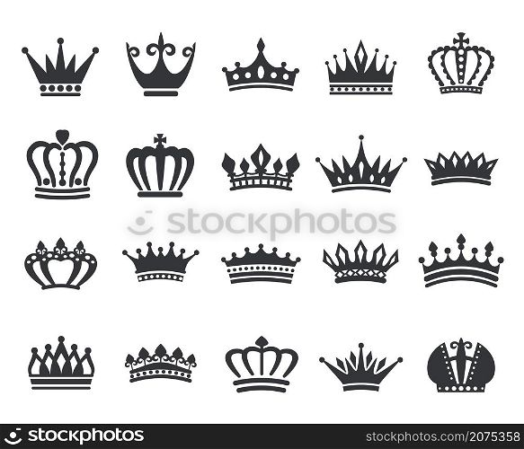 King crowns icon silhouette, queen tiara, royal crown logo. Power dynasty royalty emblem, vintage heraldic black symbols vector set. Luxury jewelry for prince or princess, aristocracy. King crowns icon silhouette, queen tiara, royal crown logo. Power dynasty royalty emblem, vintage heraldic black symbols vector set