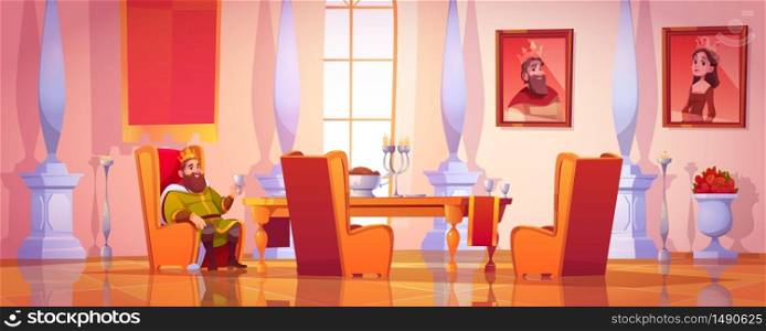 King holding goblet sitting at table with food, utensil and meal in castle dining room. Medieval palace interior with royal family portraits, furniture and marble pillars, Cartoon vector illustration. King holding goblet sitting at table with food