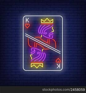 King of hearts playing card neon sign. Gambling, poker, casino, game design. Night bright neon sign, colorful billboard, light banner. Vector illustration in neon style.
