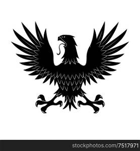 King of heaven medieval heraldic symbol of black eagle in defensive posture, showing talons with raised wings. May be use as tattoo or t-shirt print design. Heraldic eagle in defensive pose with raised wings