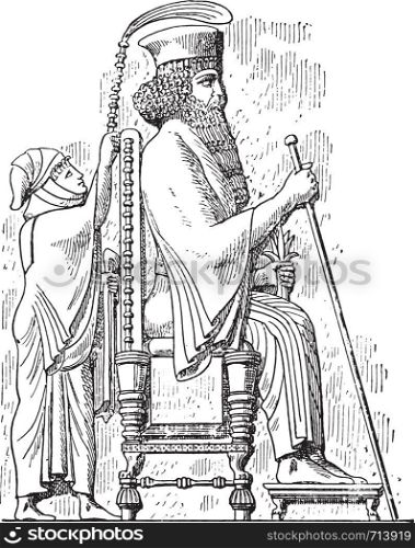 King on his throne, vintage engraved illustration. Private life of Ancient-Antique family-1881.