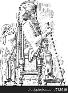King on his throne, vintage engraved illustration. Private life of Ancient-Antique family-1881.