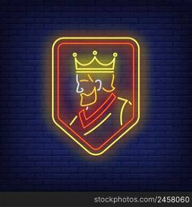 King on shield neon sign. Authority, label, power design. Night bright neon sign, colorful billboard, light banner. Vector illustration in neon style.