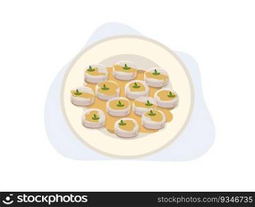 King scallop in shell with butter lemon spicy sauce on plate. vector cartoon illustration