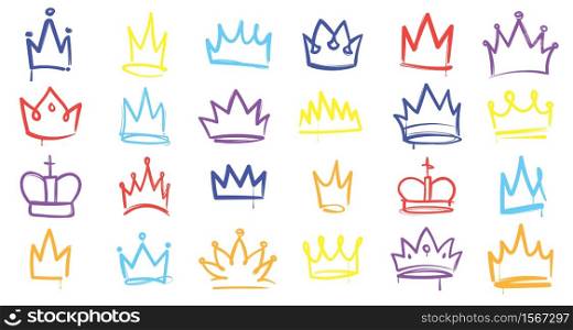 King sketch crown. Color simple elegant queen, princess and prince crowns. Monarch majestic jewel tiara, beautiful diadem, royal imperial coronation symbols. Vector line isolated multicolored icons. King sketch crown. Color elegant queen, princess and prince crowns. Monarch majestic jewel tiara, beautiful diadem, royal imperial coronation symbols. Vector isolated multicolored icons