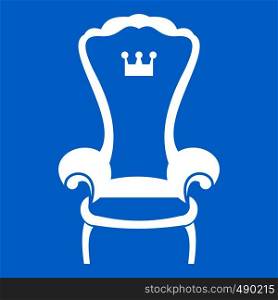 King throne chair icon white isolated on blue background vector illustration. King throne chair icon white