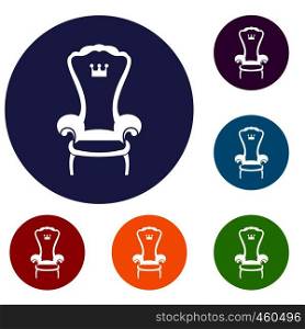 King throne chair icons set in flat circle reb, blue and green color for web. King throne chair icons set