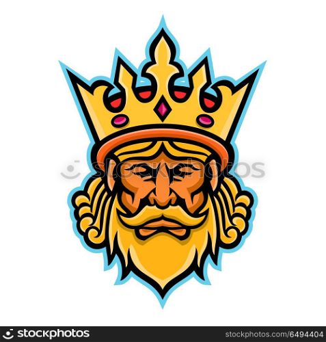 King With Crown Mascot. Mascot icon illustration of head of a King, a male monarch wearing a heraldic crown viewed from front on isolated background in retro style.. King With Crown Mascot
