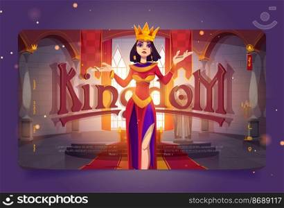 Kingdom banner with queen in medieval castle. Vector landing page with cartoon illustration of beautiful proud woman in gold crown and royal palace interior with king throne, red carpet and flags. Kingdom banner with queen in medieval castle