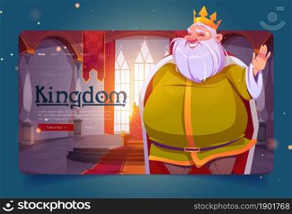Kingdom cartoon landing page, king in palace, medieval royal family character, smiling fat monarchy person in gold crown and luxury dressing in throne room, fairytale game personage, Vector web banner. Kingdom cartoon landing page, king in palace.