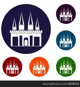 Kingdom palace icons set in flat circle red, blue and green color for web. Kingdom palace icons set