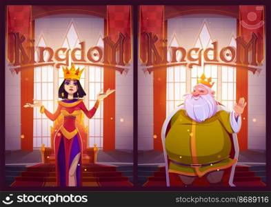 Kingdom posters with king and queen in medieval castle. Vector flyers with cartoon illustration of beautiful woman in gold crown and monarch in royal palace interior with king throne. Kingdom posters with king and queen in castle