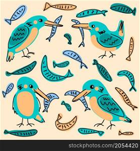 Kingfisher birds and fishes doodle collection. Perfect for T-shirt, stickers, textile and print. Hand drawn vector illustration for decor and design.