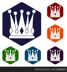 Kingly crown icons set hexagon isolated vector illustration. Kingly crown icons set hexagon
