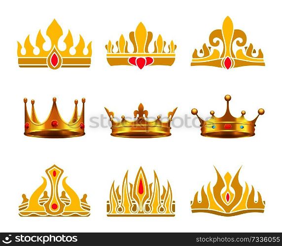 Kings and queens gold crowns inlaid with gems. Shiny heraldic crowns of standard and unusual designs with precious stones vector illustrations set.. Kings and Queens Gold Crowns Inlaid with Gems