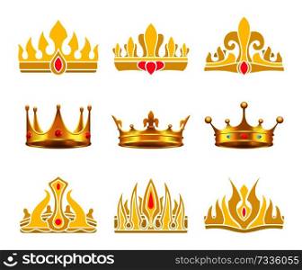 Kings and queens gold crowns inlaid with gems. Shiny heraldic crowns of standard and unusual designs with precious stones vector illustrations set.. Kings and Queens Gold Crowns Inlaid with Gems
