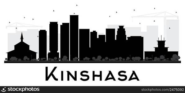 Kinshasa City skyline black and white silhouette. Vector illustration. Simple flat concept for tourism presentation, banner, placard or web site. Business travel concept. Cityscape with landmarks