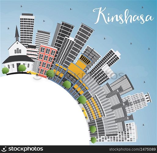 Kinshasa Skyline with Gray Buildings, Blue Sky and Copy Space. Vector Illustration. Business Travel and Tourism Concept with Historic Buildings. Image for Presentation Banner Placard and Web Site.