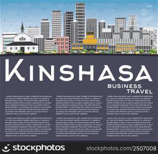 Kinshasa Skyline with Gray Buildings, Blue Sky and Copy Space. Vector Illustration. Business Travel and Tourism Concept with Historic Buildings. Image for Presentation Banner Placard and Web Site.