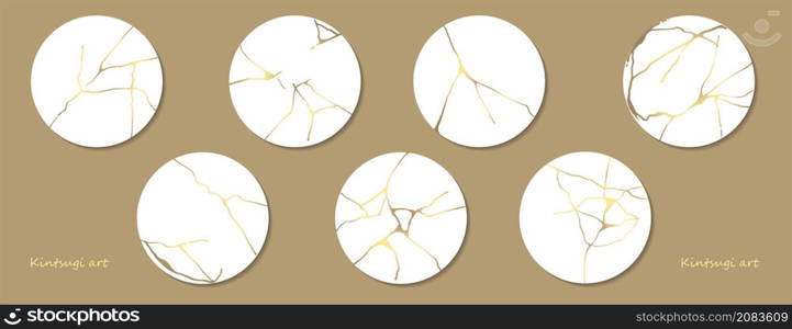 Kintsugi art style template. A4 design poster Abstract golden crack texture pattern on white backdrop. Japanese vintage traditional craft Gold craquelure circle background. Vector illustration graphics. Kintsugi art style template. A4 design poster Abstract golden crack texture pattern on white backdrop. Japanese vintage traditional craft Gold craquelure circle background. Vector illustration