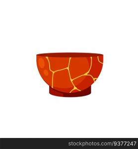 Kintsugi - Japanese art. Glued cup for tea ceremony. Restoration of broken ceramic and clay dishes. Gold cracks and shards. Asian culture. Flat illustration. Kintsugi - Japanese art. Glued cup