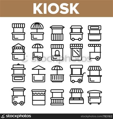 Kiosk, Market Stalls Types Linear Vector Icons Set. Kiosk Facade Shop, Store Symbols Pack. Exterior Pictograms Collection. Isolated Building Signs. Ice Cream, Street Food Truck Outline Illustrations. Kiosk, Market Stalls Types Linear Vector Icons Set