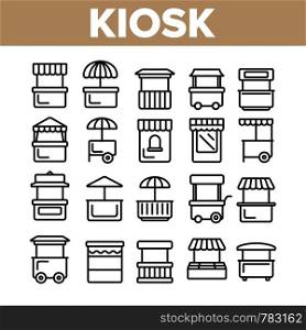 Kiosk, Market Stalls Types Linear Vector Icons Set. Kiosk Facade Shop, Store Symbols Pack. Exterior Pictograms Collection. Isolated Building Signs. Ice Cream, Street Food Truck Outline Illustrations. Kiosk, Market Stalls Types Linear Vector Icons Set