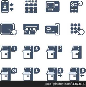 Kiosk terminal service info vector icons. Kiosk terminal service info vector icons. Atm display with information illustration