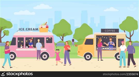 Kiosk vendor. Street food market with trucks selling bakery, coffee drinks and ice cream. People walking in park and buying snacks. Outdoor merchants selling products vector illustration. Kiosk vendor. Street food market with trucks selling bakery, coffee drinks and ice cream. People walking in park and buying snacks