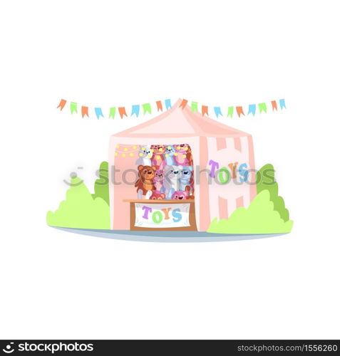 Kiosk with toys semi flat RGB color vector illustration. Street fair stand, market stall selling stuffed plush playthings. Carnival tent with children toys isolated cartoon object on white background. Kiosk with toys semi flat RGB color vector illustration