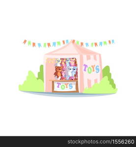 Kiosk with toys semi flat RGB color vector illustration. Street fair stand, market stall selling stuffed plush playthings. Carnival tent with children toys isolated cartoon object on white background. Kiosk with toys semi flat RGB color vector illustration