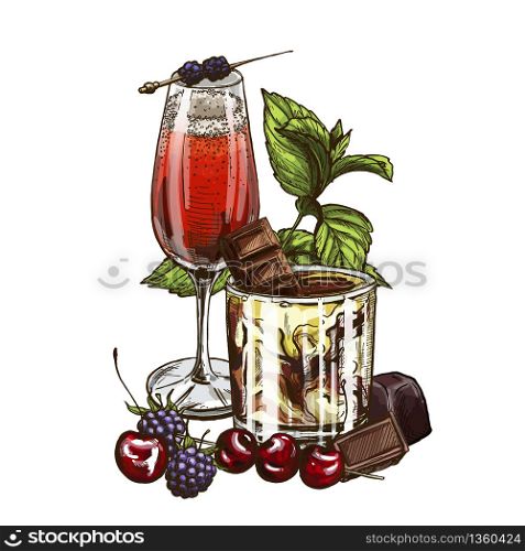 Kir Royale and White Russian cocktails, vector illustration, hand drawn sketch; colored