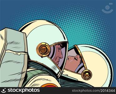 kiss astronauts men and women. A couple in love. Husband and wife. Pop Art Retro Vector Illustration Kitf Vintage 50s 60s Style. kiss astronauts men and women. A couple in love. Husband and wife