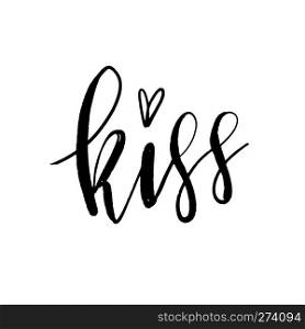 Kiss. Hand drawn calligraphy brush lettering isolated on white background. Vector design for holiday greeting cards and invitations. Happy Valentine’s day.. Kiss. Hand drawn calligraphy brush lettering isolated on white background. Vector design for holiday greeting cards and invitations. Happy Valentine’s day