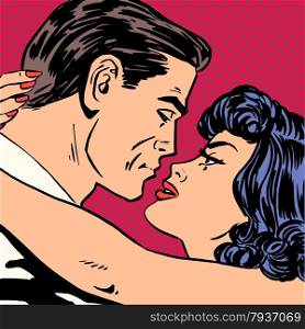 Kiss love movie romance heroes lovers man and woman pop art comics retro style Halftone. Imitation of old illustrations. Actors during love scenes.. Kiss love movie romance heroes lovers man and woman pop art comi
