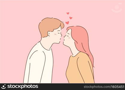 Kiss, love, romantic dating concept. Profile portrait of young happy loving couple boy and girl reaching for each other in kiss with eyes closed over pink background vector illustration. Kiss, love, romantic dating concept