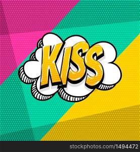Kiss, love xoxo valentines day comic text speech bubble. Colored pop art style sound effect phrase. Halftone vector illustration banner. Vintage comics book poster.. Pop art comic text speech bubble