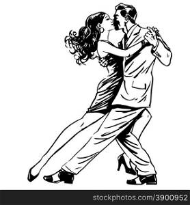 Kiss man and woman dancing couple tango retro line art. Man and woman dancing couple tango retro line art. Man and woman dancing couple tango retro line art. Graphics the emotions of love and hobby