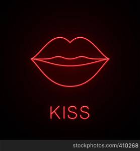 Kiss neon light icon. Glowing sign. Woman's lips. Vector isolated illustration. Kiss neon light icon