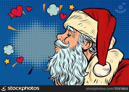 Kiss of love. Santa Claus character, Christmas and New year. Pop art retro vector illustration kitsch vintage drawing. Kiss of love. Santa Claus character, Christmas and New year