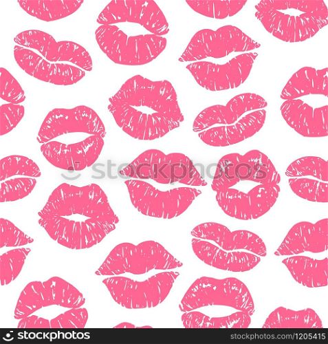 Kiss print seamless pattern. Girls kisses, red lipstick prints and kissing women lips vector illustration. Valentines Day lipstick smooch imprint background for wedding and greeting card. Kiss print seamless pattern. Girls kisses, lipstick prints and kissing women lips vector illustration
