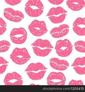 Kiss print seamless pattern. Girls kisses, red lipstick prints and kissing women lips vector illustration. Valentines Day lipstick smooch imprint background for wedding and greeting card. Kiss print seamless pattern. Girls kisses, lipstick prints and kissing women lips vector illustration