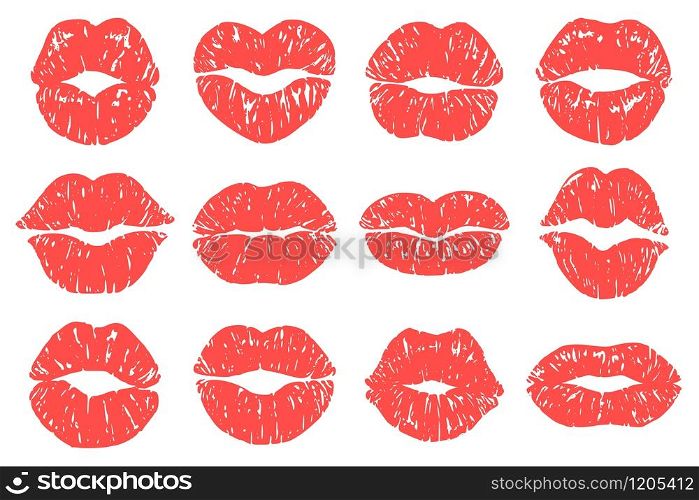 Kiss print. Woman red lips, fashion lipstick prints and love lips kisses makeup vector illustration set. different sexy kissing isolated silhouettes. Kiss print. Woman lips, fashion lipstick prints and love lips kisses vector illustration set