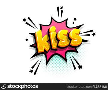 Kiss xoxo cartoon funny retro candy comic font. Explosion isometric text shock phrase pop art. Colored comic text speech bubble. Positive glossy sticker cloud vector illustration.. Comics text advertise phrase sale pop art