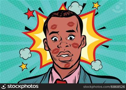 Kissed the embarrassed African man with lipstick on face. Love and sexual betrayal. Pop art retro comic book vector illustration. Kissed the embarrassed African man with lipstick on face