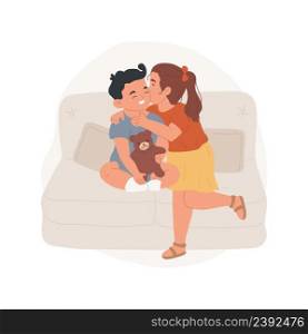Kissing a sibling isolated cartoon vector illustration. Older kid kisses younger on cheek, loving siblings, having second child, taking care of younger brother, happy family vector cartoon.. Kissing a sibling isolated cartoon vector illustration.