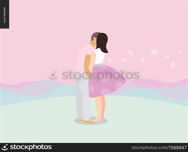 Kissing scene - flat cartoon vector illustration of young couple, boyfriend and girlfriend, kissing, romantic scene with pink hills, leaves and mounains on the background, sunrise, sunset - composition. Kissing scene composition