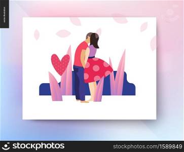 Kissing scene - flat cartoon vector illustration of young couple, boyfriend and girlfriend, kissing, romantic scene with grass, plants, leaves and a pink polka dotted heart on background - postcard. Kissing scene postcard